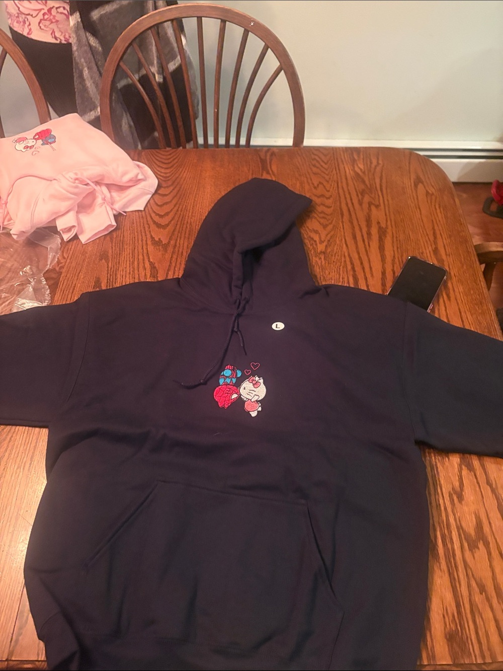 Gildan Navy Blue Pullover Hoodie with Hello Kitty and Spider-Man